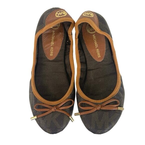 Michael Kors Brown City-Logo Print Bow Accent Slip On Ballerina Comfort Flats 6 - Picture 2 of 4